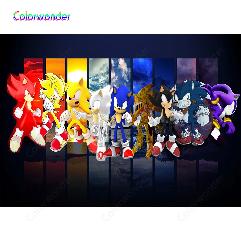 

Kids 1st Birthday Sonic Theme Party Photo The Hedgehogs with Colorful Sky with Clouds Black Backgrounds Baby Shower Bacdrops