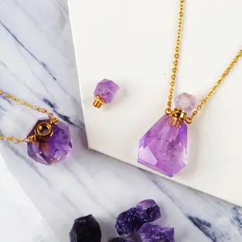 

Perfume Bottle Necklace Multi-Kind Natural Stone Essential Oil Bottle Diffuser 26" Necklace Rose Quartzs Fluorite Gifts Dropship