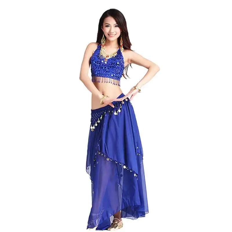 

Women belly dacing clothing 5 flowers top+gold coins skirt 2pcs belly dance suit for lady belly dance clothes