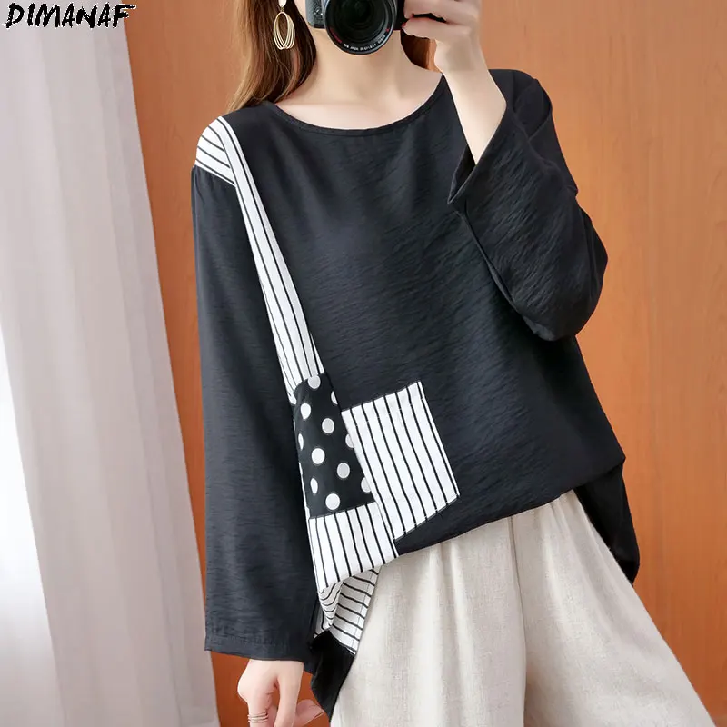 

DIMANAF 2020 Plus Size T-Shirt Autumn Patchwork Soft Cotton Polka Dot Striped Print Women Female Batwing Loose 2020Tops&Tees
