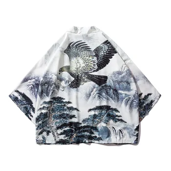 

2020 Summer New Retro Chinese Ink Painting Eagle Kimono Man Woman Tops Cardigan Asian Clothes Japanese Traditional Yukata Yuori