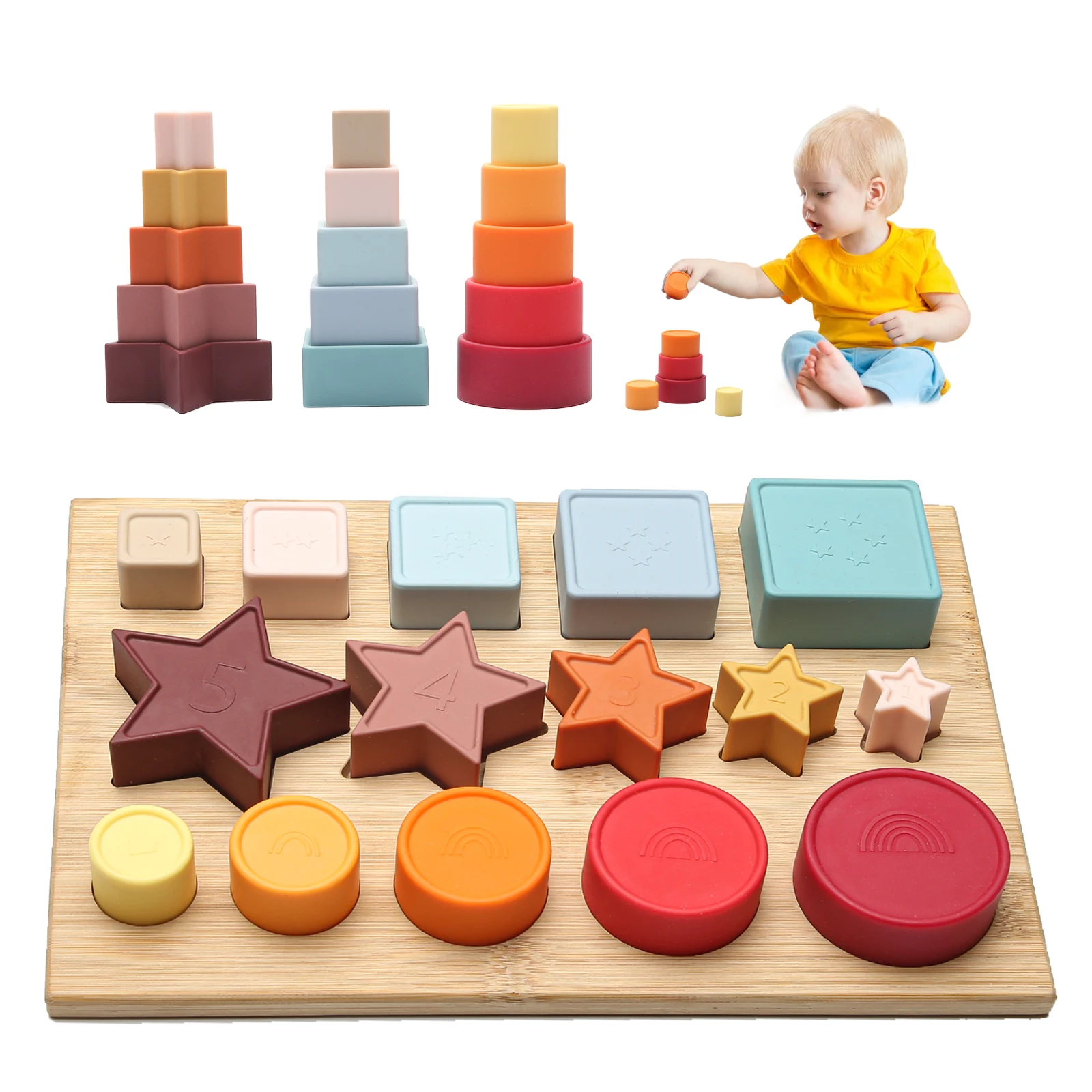 

Montessori Baby Toys Silicone Building Block Wooden Board Construction Toy 3d Stacking Babies Rubber Teether Squeeze Circle Toy