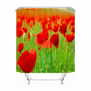 

Bath Curtain For Bathroom Custom Flowers Poppies Poppy Green Red Home Decor Shower Curtain Waterproof Fabric Hooks #180417-01-45