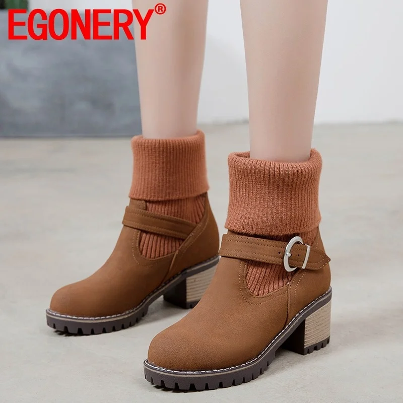

EGONERY winter warm new ankle boots outside comfortable high heels platform round toe buckle plus size women shoes drop shipping