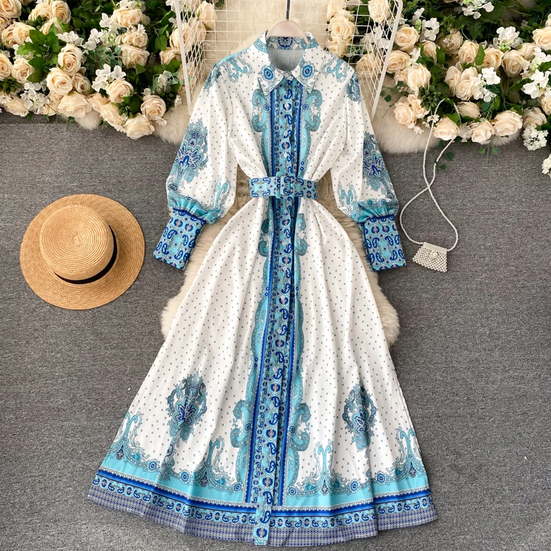 Spring And Autumn Women's Dress Retro Palace Style With Puffy Sleeves Belt Temperament Holiday