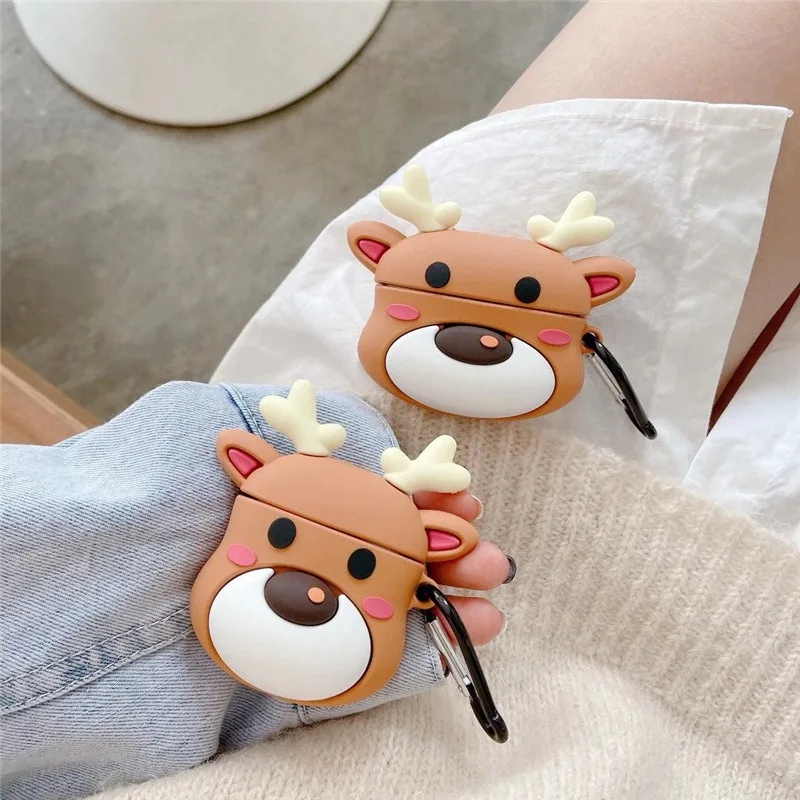 

Cartoon Cute Christmas Deer Protector Case for Airpods 1 2 and AirPods pro Earphone Charging Box Silicone Cover with Carabiner