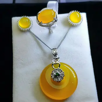 

Natural Ice Color S925 Silver Three-Piece Chalcedony Inlay Set Wholesale Natural Ice-Cyclophylline Pendant Ring Earrings