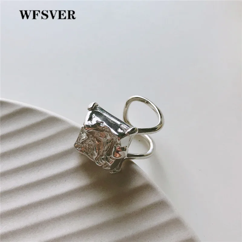 

WFSVER 925 Sterling Silver Ring Double Layer Square Irregular Pattern Opening Adjustable Ring Female Fashion Jewelry Present