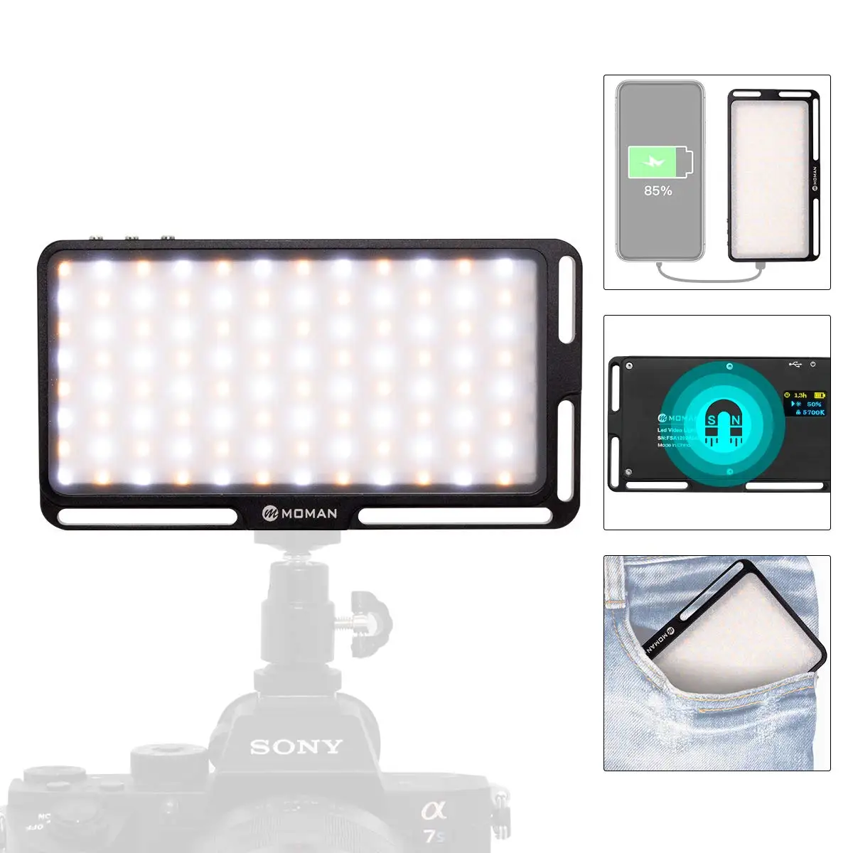  Moman Mini On-Camera LED Video Light with Powerbank Function 4500mAh Bi-Color 3500K-5700K CRI96+ Fi