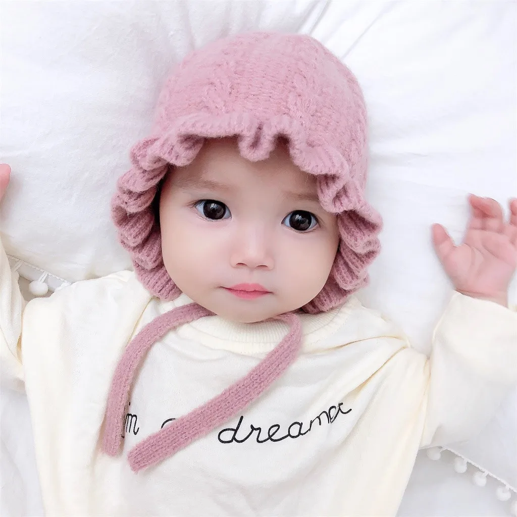 Princess Baby Girl Hat Laciness Knit Winter Newborn Hat Baby Bonnet Enfant Hats Kids Cap for Girls Warm New Born Caps#C