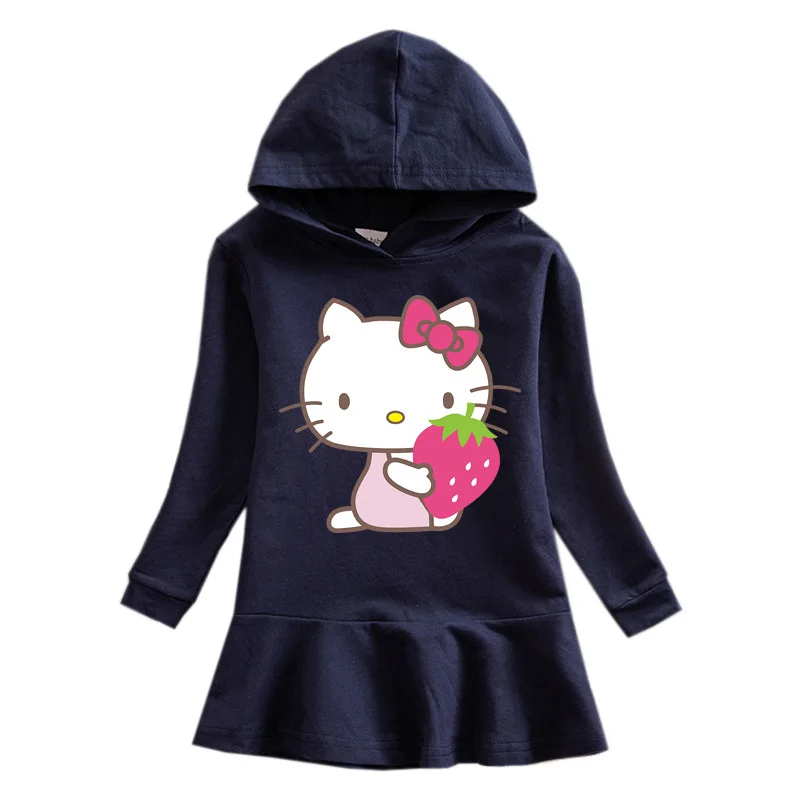 thumbnail image 1 of Hello Kitty nuevo otoño niños algodón Casual Sudadera con capucha vestido lindo estampado de dibujos animados Simple hoja de loto dulce vestido de niña, 1 of 5