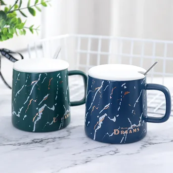 

Nordic Simple Marbled Ceramic Cup with Lid Spoon Creative Breakfast Milk Mugs Large Capacity Business Office Coffee Mug for Gift