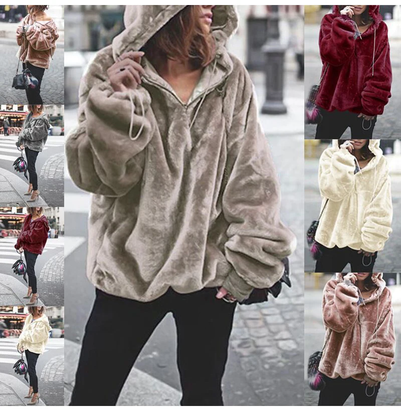 Толстовка с капюшоном, женская уличная одежда, милый пуловер, пушистый плюш, длинный рукав, худи, корейский стиль, для женщин, зима, мода
