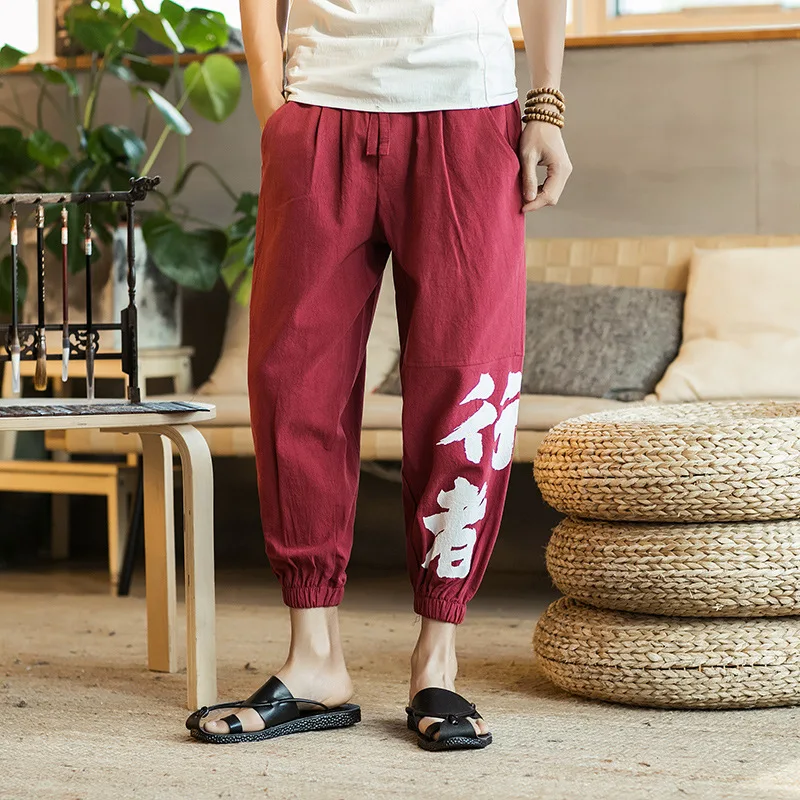

Chinese-style Autumn New Style Simple Men Cotton Linen Capri Pants Wide-Leg Walker Printed Large Size Loose Linen Pants Fashion