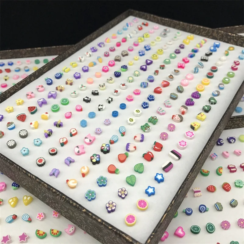 100 пар/компл. Горячая Мода Ассорти Полимерная глина серьги-гвоздики ручной работы милые фрукты Мультяшные Сережки для Для женщин девушки дети