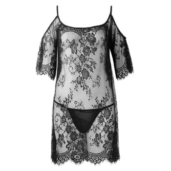 

Womens Off Shoulder Sheer Floral Lace Lingerie Dress Spaghetti Solid Nightgown Q6PB