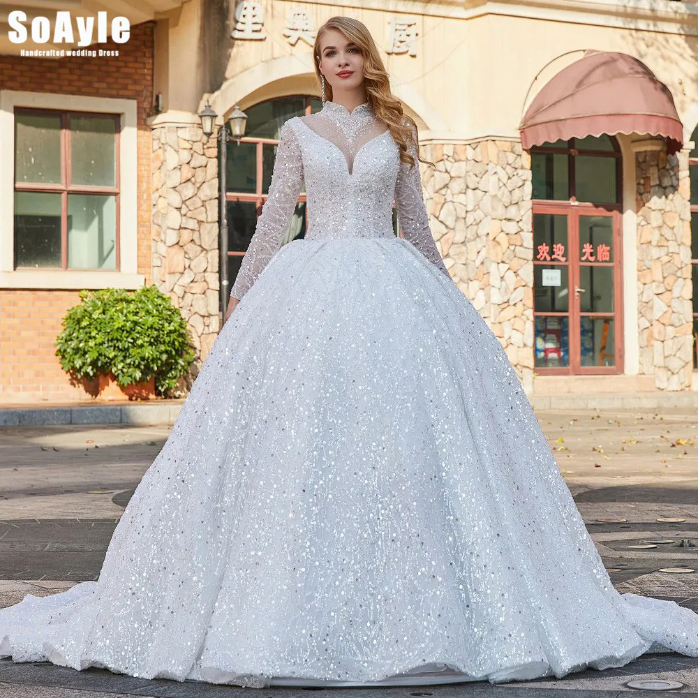 

SoAyle #29778 Two in One Luxury Sequins Saudi Arabia Wedding Dress Long Sleeves Ball Gown Muslim Wedding Dresses