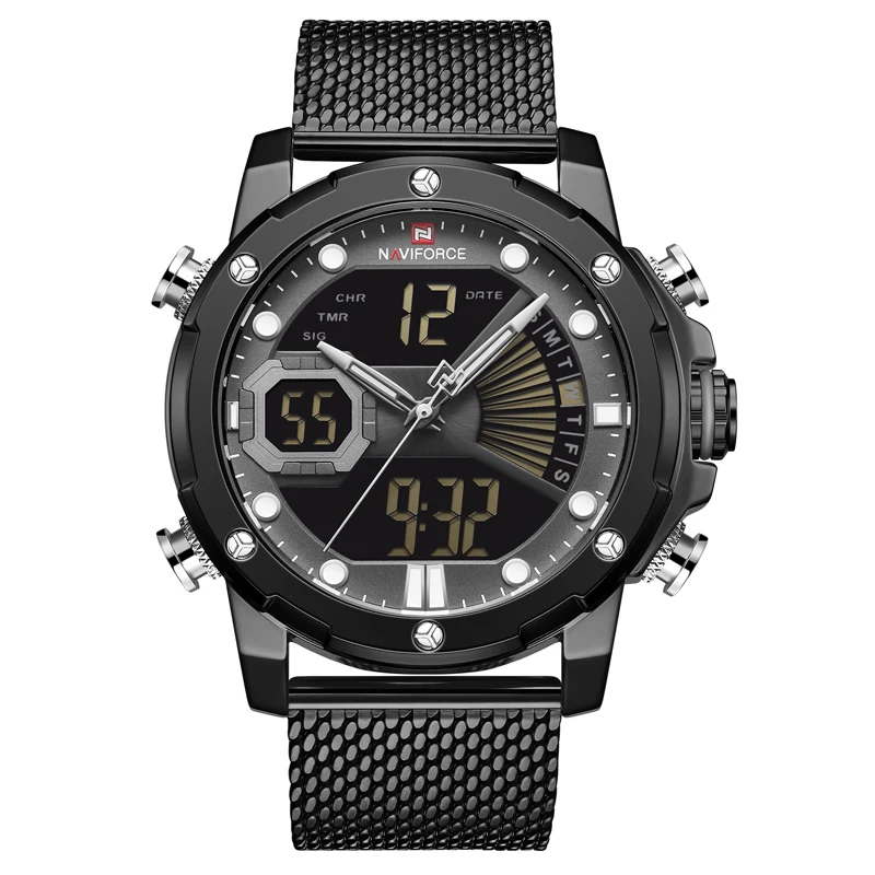 Лидирующий бренд NAVIFORCE Мужские Аналоговые Цифровые кварцевые часы с двойным дисплеем мужские спортивные водонепроницаемые наручные часы с хронографом из нержавеющей стали - Цвет: Steel B B