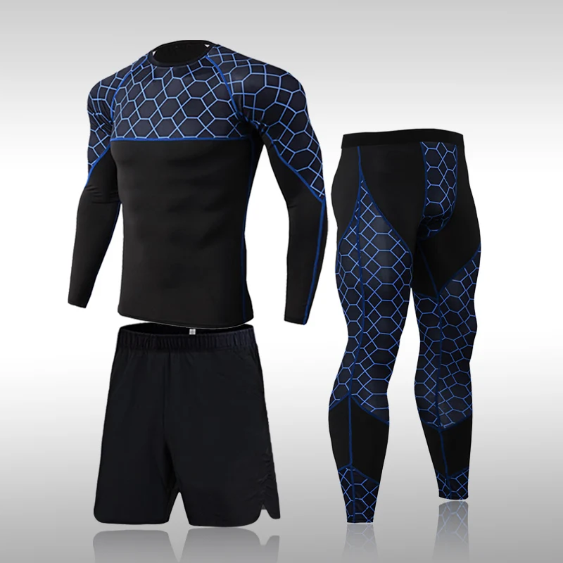 3 Pieces Compression Tracksuit Fitness Tight Running Set T-shirt Legging Men's Gym Sportswear Suit 3
