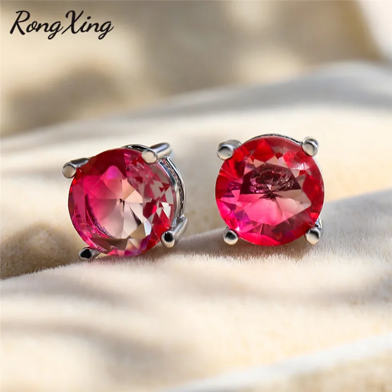 

RongXing Elegant Rose Red CZ Stone Stud Earrings for Women 925 Silver Filled Hot Pink Birthstone Earring Engagement Jewelry Gift