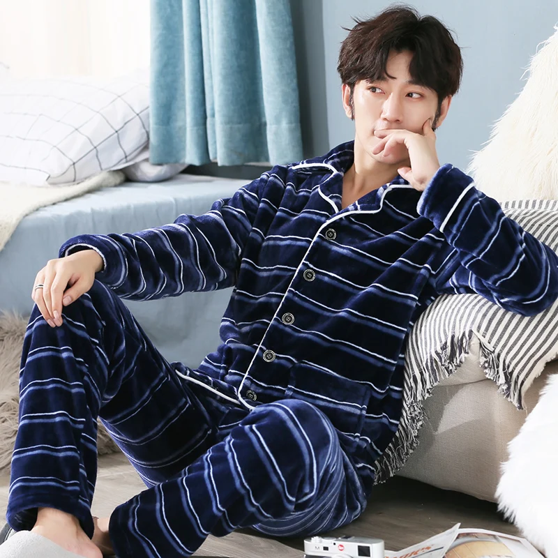 

2020 Winter Plus Size Thick Warm Flannel Pajama Sets for Men Long Sleeve Casual Striped Coral Velvet Pyjama Lounge Wear Homewear