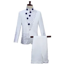 Boutique men's retro tunic suit set two-piece ball suit Chinese dress inlaid blue diamond men's collar white suit(coat+ pant