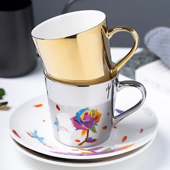 

New 250ml Glod Silver Coffee Mug Cup Ceramic Tea Cup And Spoon Funny Fashion Design Zakka Tazas Cafe Espresso Porcelain Cup Dish