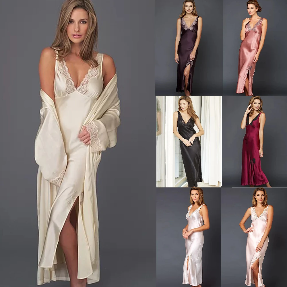 Women Ladies Sexy Night Dress Long Sleeve Nightgown Nightdress Two-piece Race Sleepwear Nightwear For Bridal Boudoir Dress women nightgown