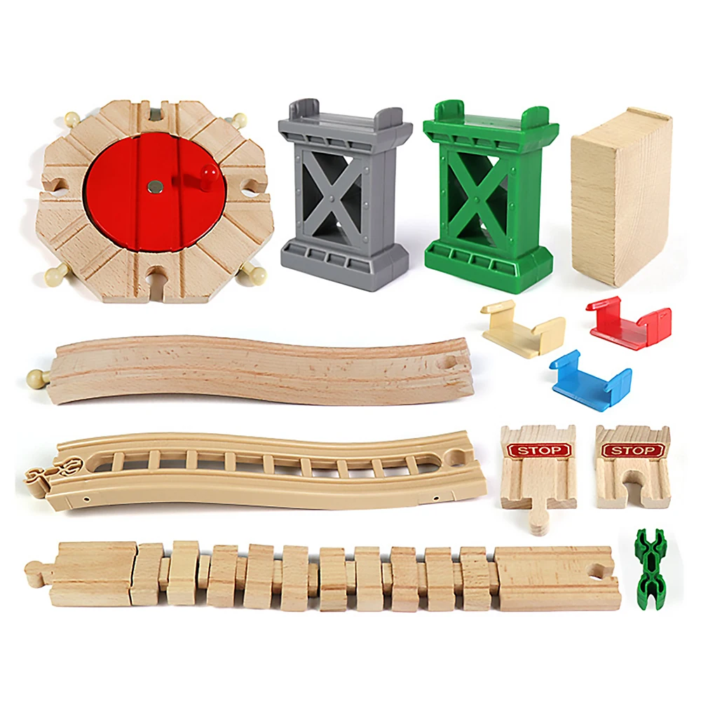 Wooden toys DIY Wooden Bridge Tunnel Urban Rail Overpass Traffic Car Toy Scene Combined Train Rail Track Wooden Accessories Beech Turntable