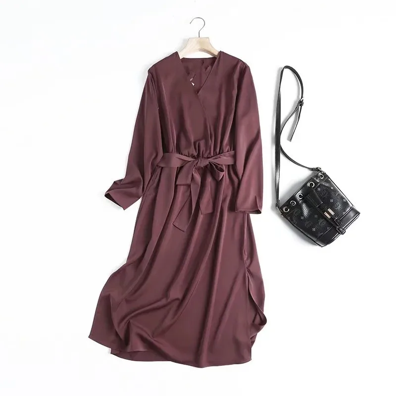 

Withered New England Style Simple Fashion Elegant Midi Dress Women Solid Satin Loose Long Dress Party Dress Women Vestidos
