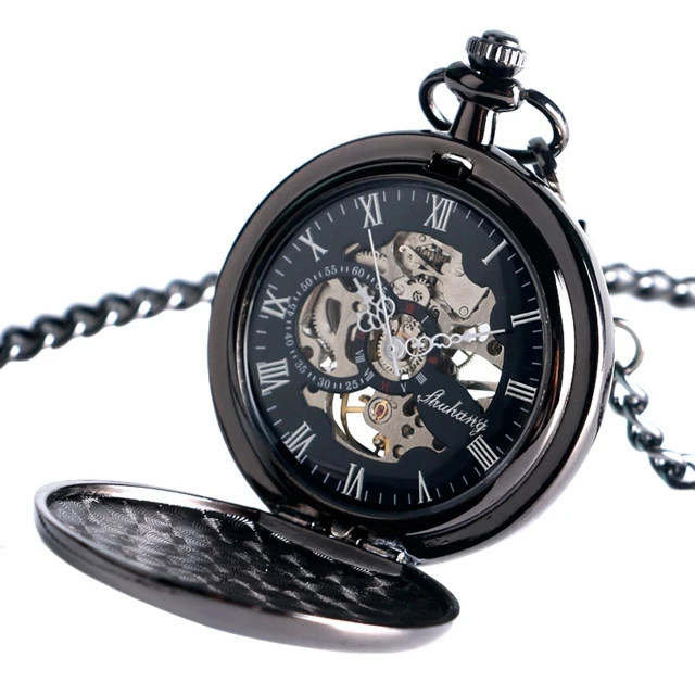 Exquisite Pocket Watch Hand-winding Mechanical Smooth Black Pendant Watches Neckalce Chain Clock Accessory relogio Montres