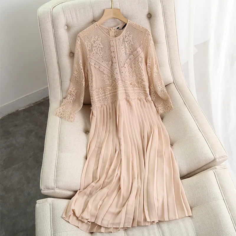 Preise 2020 neue Design Damen Fee Kleid Oansatz Spitze Patchwork Plissee Frauen Solide A Line Langarm Süße Frühling Kleider Vestidos
