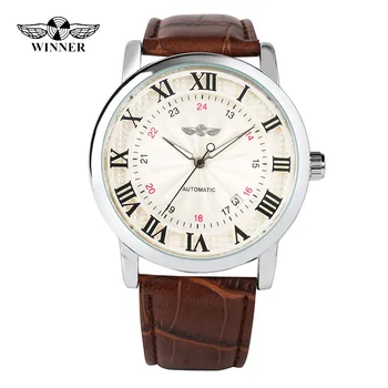 

WINNER Brand Luxury Men Mechanical Watches Classic Brown Genuine Leather Roman Numeral Display Automatic Self Winding Mens Watch