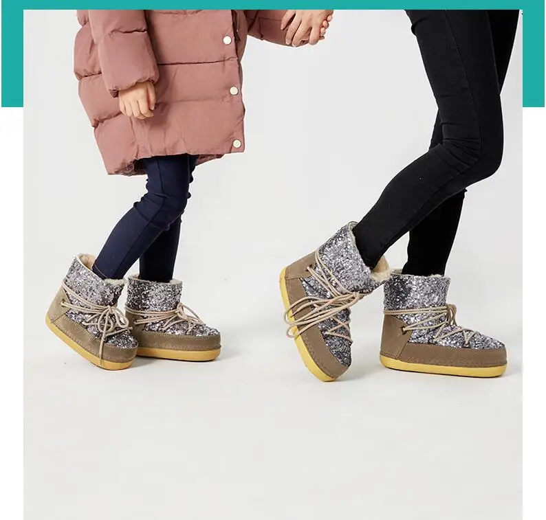 Зимние женские ботинки на платформе; женские зимние ботинки на натуральном меху; женские повседневные ботильоны; теплая плюшевая женская обувь; ботинки с блестками