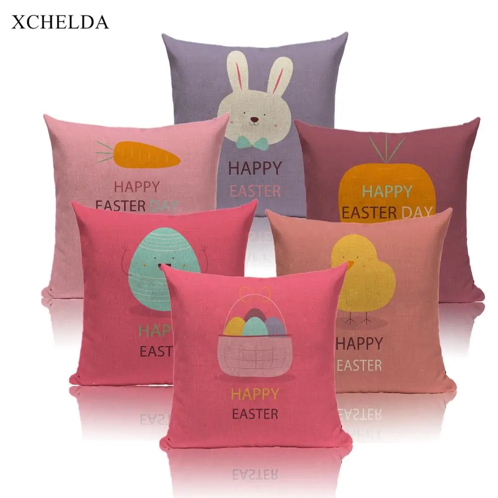 

Cushion Cover Linen Happy Easter Rabbit Print Egg Throw Pillow Case Colorful Home Sofa Car Seat Decorative Pillowcase 45x45