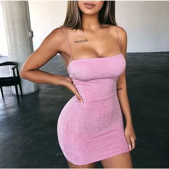

Spaghetti Strap Sexy Dress Elegant Bright Silk Bodycon Dress Sexy Backless Evening Party Mini Dress High Waist Clubwear Vestidos
