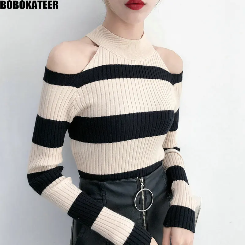 

BOBOKATEER Turtleneck Sweater Women Off Shoulder Autumn Winter Clothes Knitted Sweater Pullover Tops Striped Pull Femme New 2019