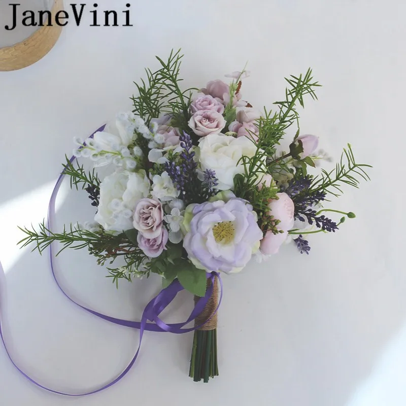JaneVini Paarse Rozen фиолетовые Лавандовые розы букеты невесты шелковые цветы ручной держатель невесты Свадебные аксессуары, букеты