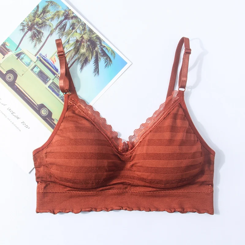 

Seamless Women Sexy Lace Bra Underwear Front Hollow Out Tube Tops Cross Beauty Back Wrapped Chest Striped Wireless Sleep Bras