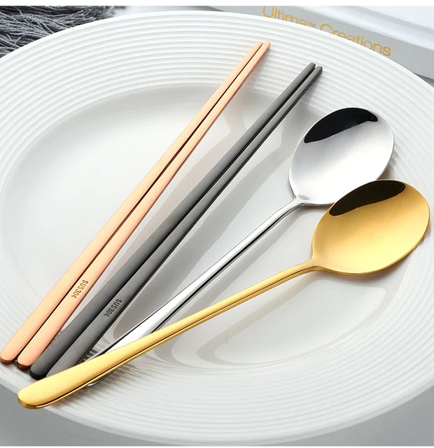 Set Bacchette E Cucchiaio Coreano In Acciaio Inox - Manico Lungo, Design Antiscivolo, Colore Oro