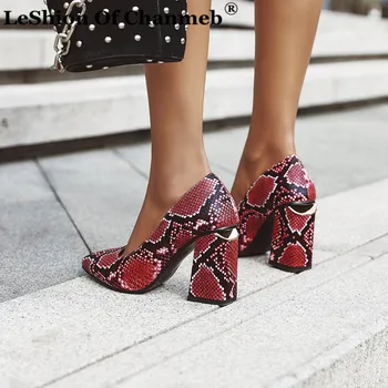

Sexy Thick High Heels Women Snake Skin Pumps Woman Ladies Hollow Out Strange Heels Pointy Toe Pumps Female Party Shoes Size 47