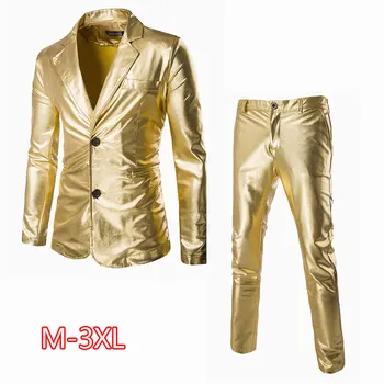 

Men Coated Gold Suit Set 2 pcs Jackets + Pants Men Blazers Sets Dress Blazer Set Wedding Party Show Shiny Clothes