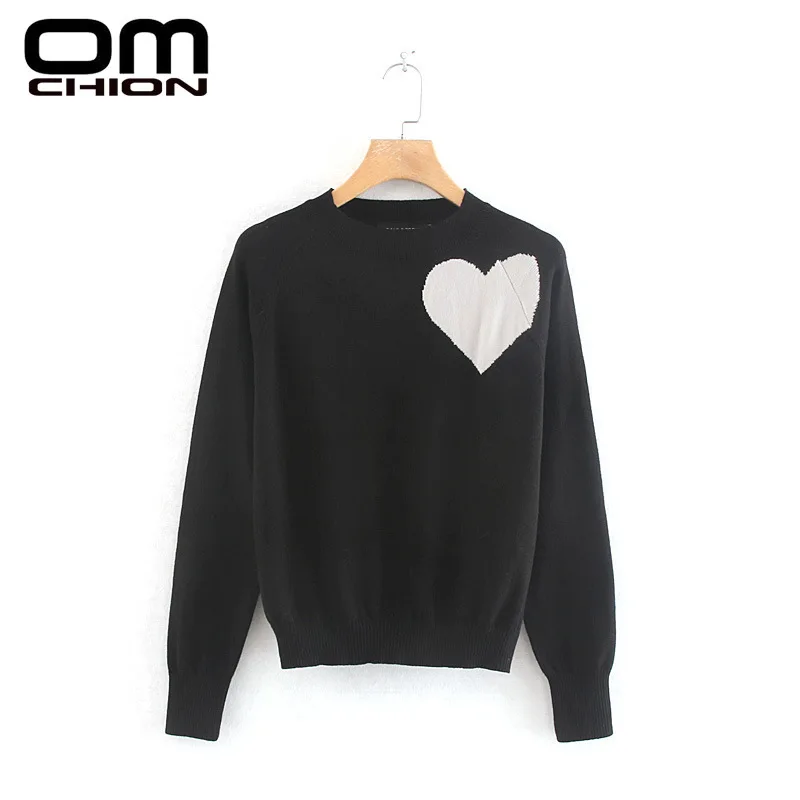 

OMCHION New 2019 Autumn Winter Heart Embroidery Women Sweaters And Pullovers Vintage Black Knitted Sweater Loose Jumper LMY246