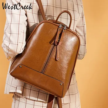 

WESTCREEK Brand Small Backpack Women Genuine Leather Oil Wax School Bags Fashion Luxury Shoulder Bag Vintage Bag