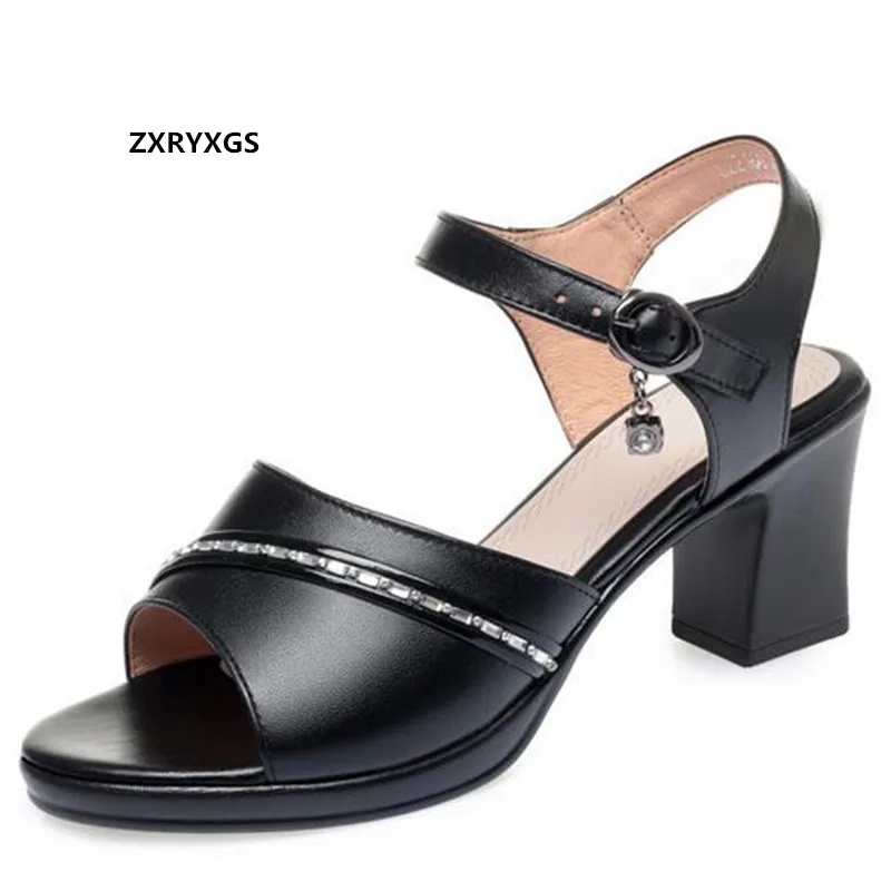 

2021 New Fish Mouth Rhinestone Genuine Leather Sandals Thick Heels Large Size Solid Color Women Sandal Shoes Fashion Sandals