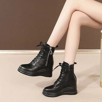 

2020 New Winter Boots Women Shoes 100% Nature Cow Leather Thick High Heel Warm Snow Boots Lace Up Platform Ankle Boots