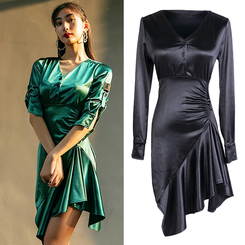 

New Latin Dance Dress 2019 Competition Outfit Wet Shine Long Sleeve Dress Women'S Costume Latin Performance Dance Dresses BL2585