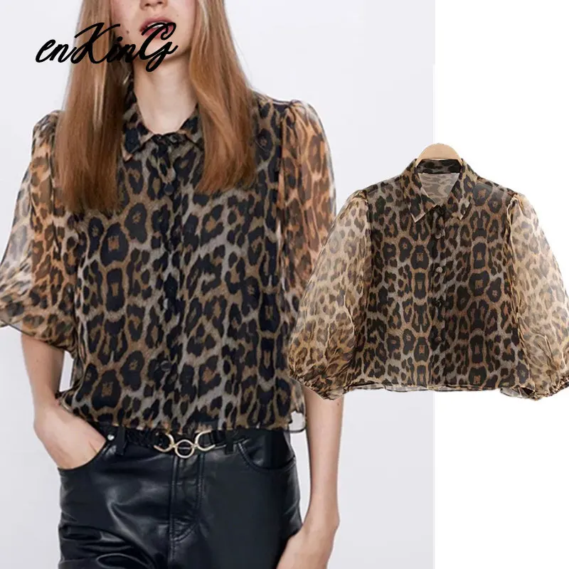 

2019 women chic leopard print blouse transparent three quarter sleeve animal pattern female sexy stylish tops za blusas