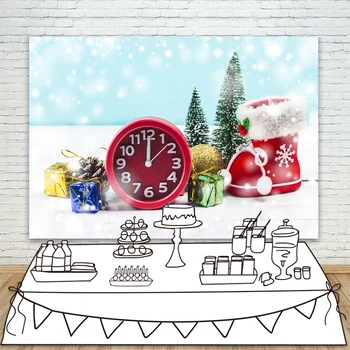 

Blue Winter Backdrop for Photography Red Xmas Boots Watch Christmas Tree Photo Background Kids Happy New Year Photo Background