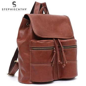 

SC Women Italian Leather Backpack Vintage Pocket Flap Drawstring Ladies Large Shoulder Bag Femal Travel Holiday Leather Knapsack